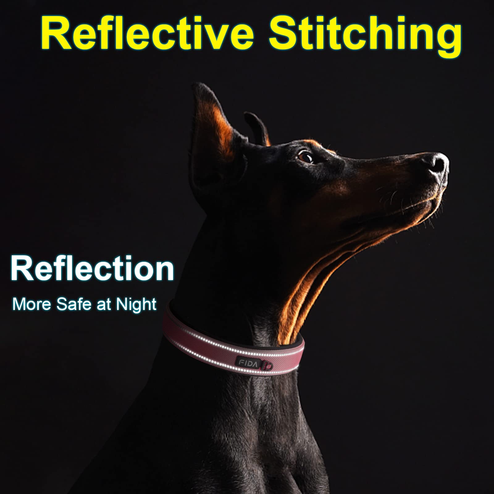 Fida Heavy Duty Dog Collar, Ultra Comfortable Soft Neoprene Padded, Adjustable Reflective Nylon Pet Collar With Durable Metal Belt Buckle For Medium Breeds (M, Pink)