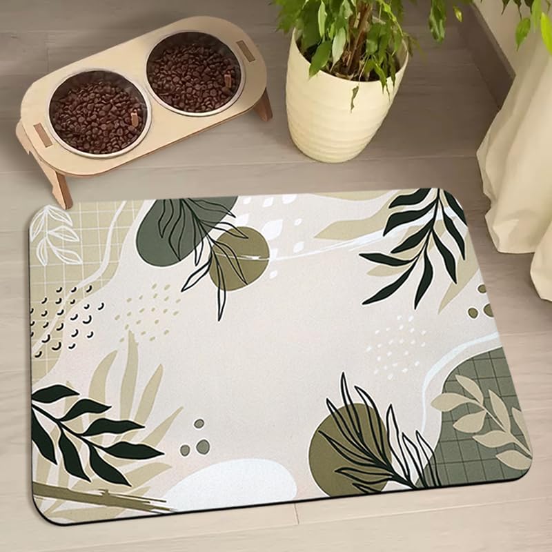 Dog Food and Water Bowl Mats - Waterproof, Absorbent Pet Feeding Placemats for Floors - Bohemia Tropical Leaves Design, 24 * 32 