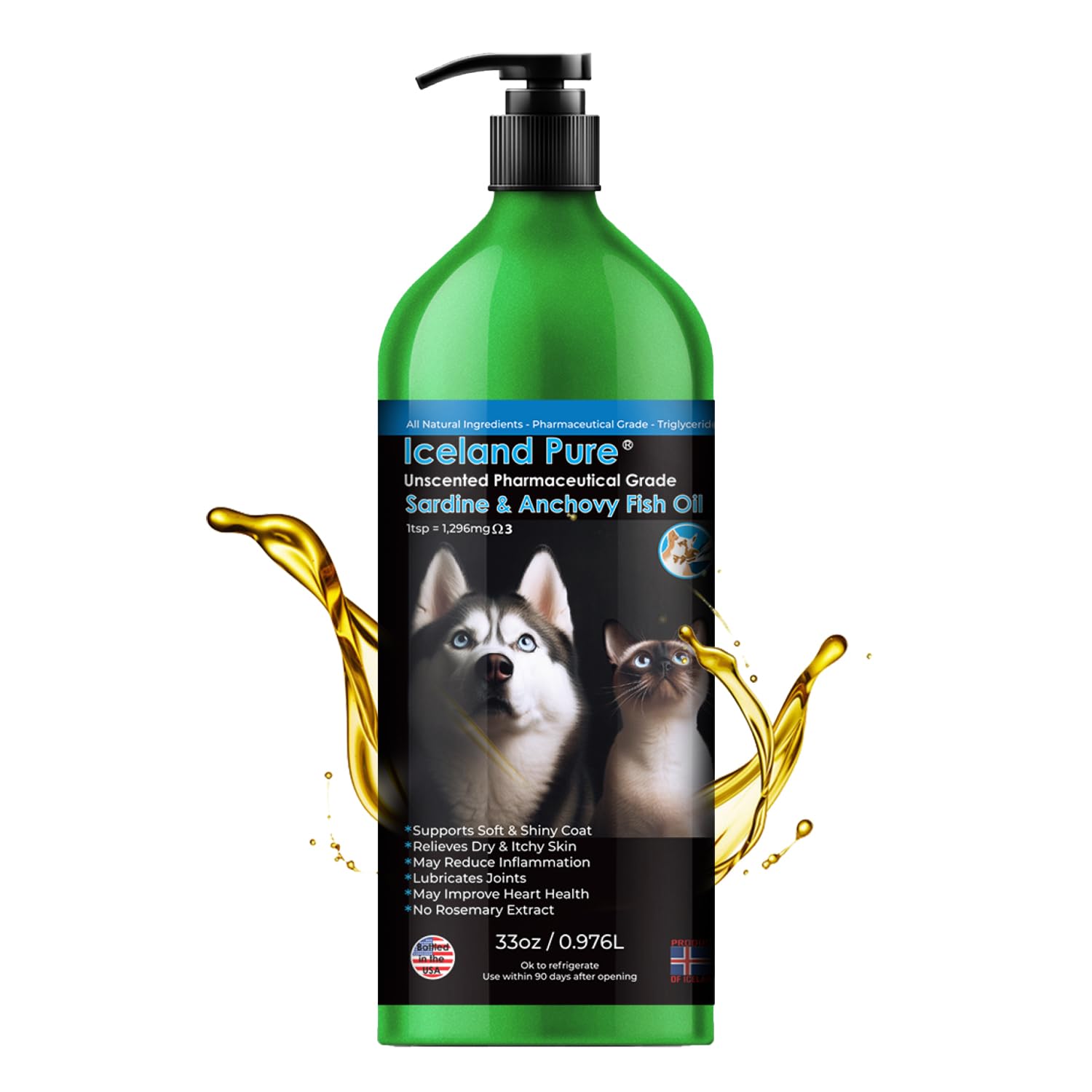 Sardine Anchovy Oil | 1296mg Omega | Unscented Pharmaceutical Grade | For Dogs & Cats | BPA-Free Brushed Aluminum Epoxy Coated B
