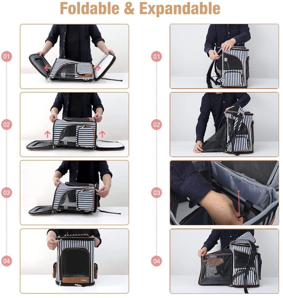 Lekereise Large Cat Backpack Expandable Pet Backpack Carrier For Small Medium Dogs Cats, Dog Carrier Backpack With Breathable Mesh And Inner Safety Leash, Striped