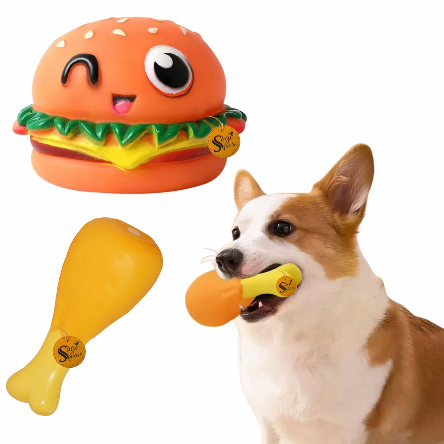 Sage Square Squeaky Burger & Chicken Leg Toy Combo For Dogs | Fun Chew Toys For Indoor Fetch, Biting & Boredom Relief | Lightwei