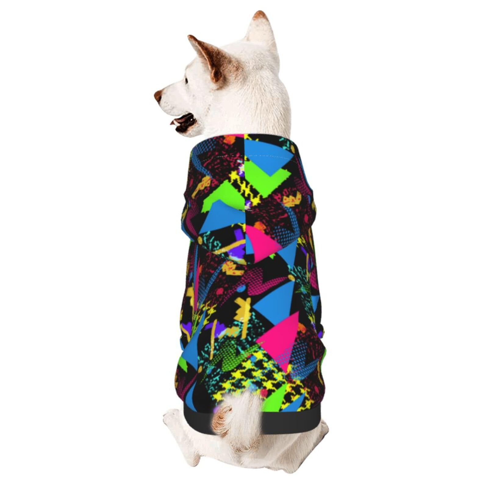 Dog Hoodies Puppy Sweater Cold Weather Dog Coats Soft Pet Clothes Hooded Sweatshirt For Dog Cat (Black Colorful Geometric 80S 90