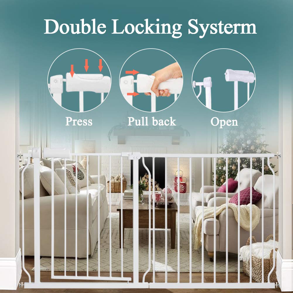 ALLAIBB Extra Wide Pressure Mounted Baby Gate Walk Through Child Kids Safety Toddler White Long Large Pet Dog Gates with Extensi