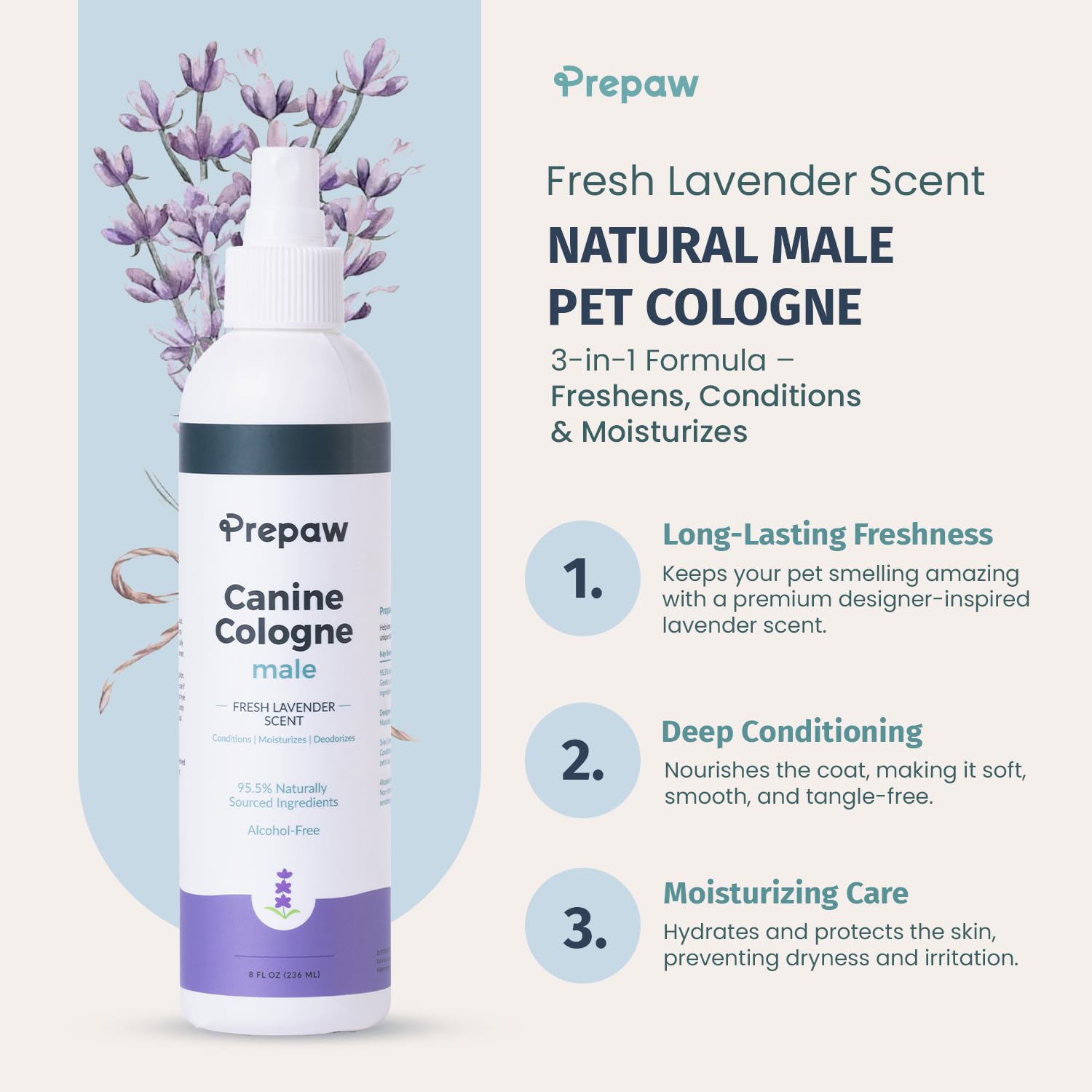 Prepaw Luxury Male Pet Cologne - Fresh Lavender Scent, 3-In-1 Formula Conditions & Moisturizes, Made With 94% Natural Ingredient