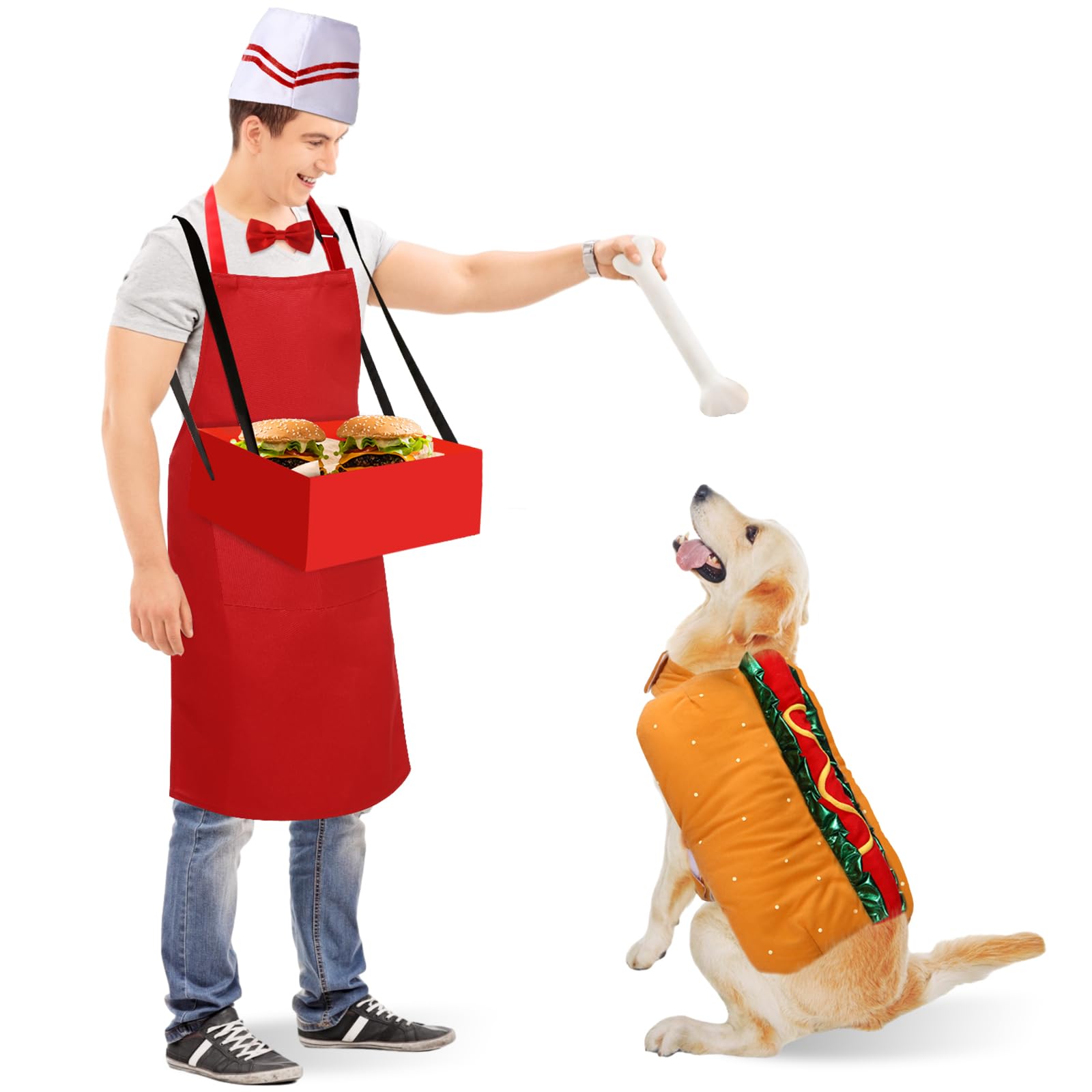 Vinsatin 5 Pcs Adult Waiter Costume with Hot Dog Pet Costume, Soda Jerk Popcorn 50s Circus Halloween Party Cosplay(Red,Extra Lar
