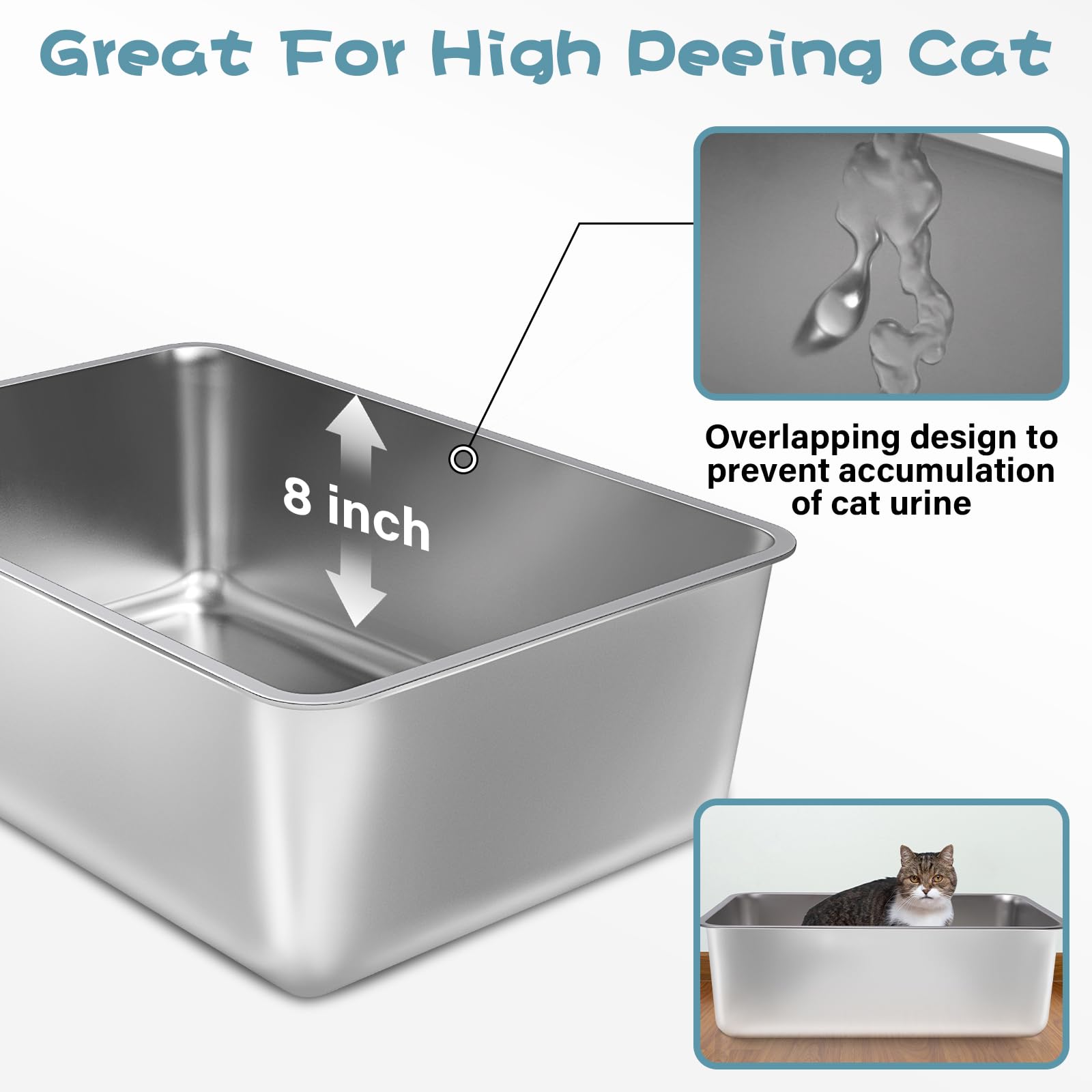 Stainless Steel Cat Litter Box, 23.6''X15.8''X8'' Xxl Stainless Steel Litter Box 8 Inch Deep, Extra Large Metal Litterbox For Bi