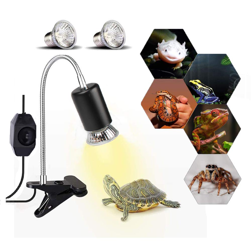 Jacksuper 75W Reptile Heat Lamp, Turtle Heating Light Uva Uvb Temperature Adjustable 360°Rotatable Clip Basking Lamp For Amphibian Reptile Turtle Lizard Snake (Heat Light With 2Pcs 75W Bulb)