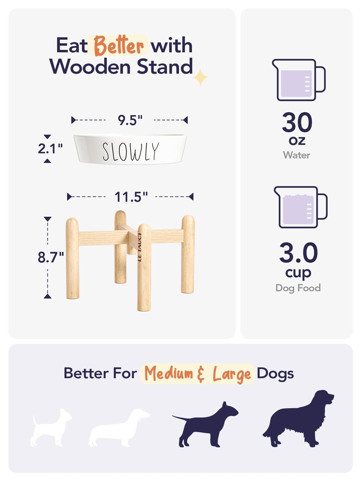 Slow Feeder Dog Bowl With Wooden Stand - 3 Cup Ceramic Raised Bowl For Medium Large Breed Dogs, Puzzle Feeder To Slow Down Eatin