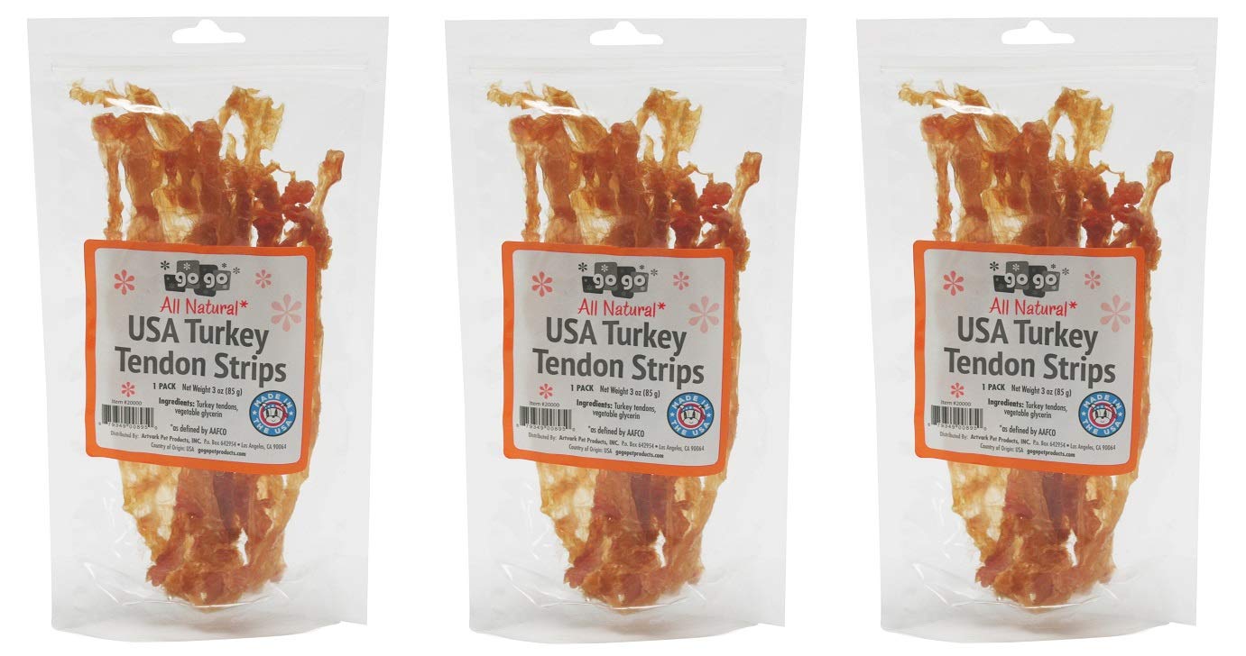 GOGO 3oz Turkey Tendon Strips Dog Chew Treats Sources and Made in The USA (3 Pack)