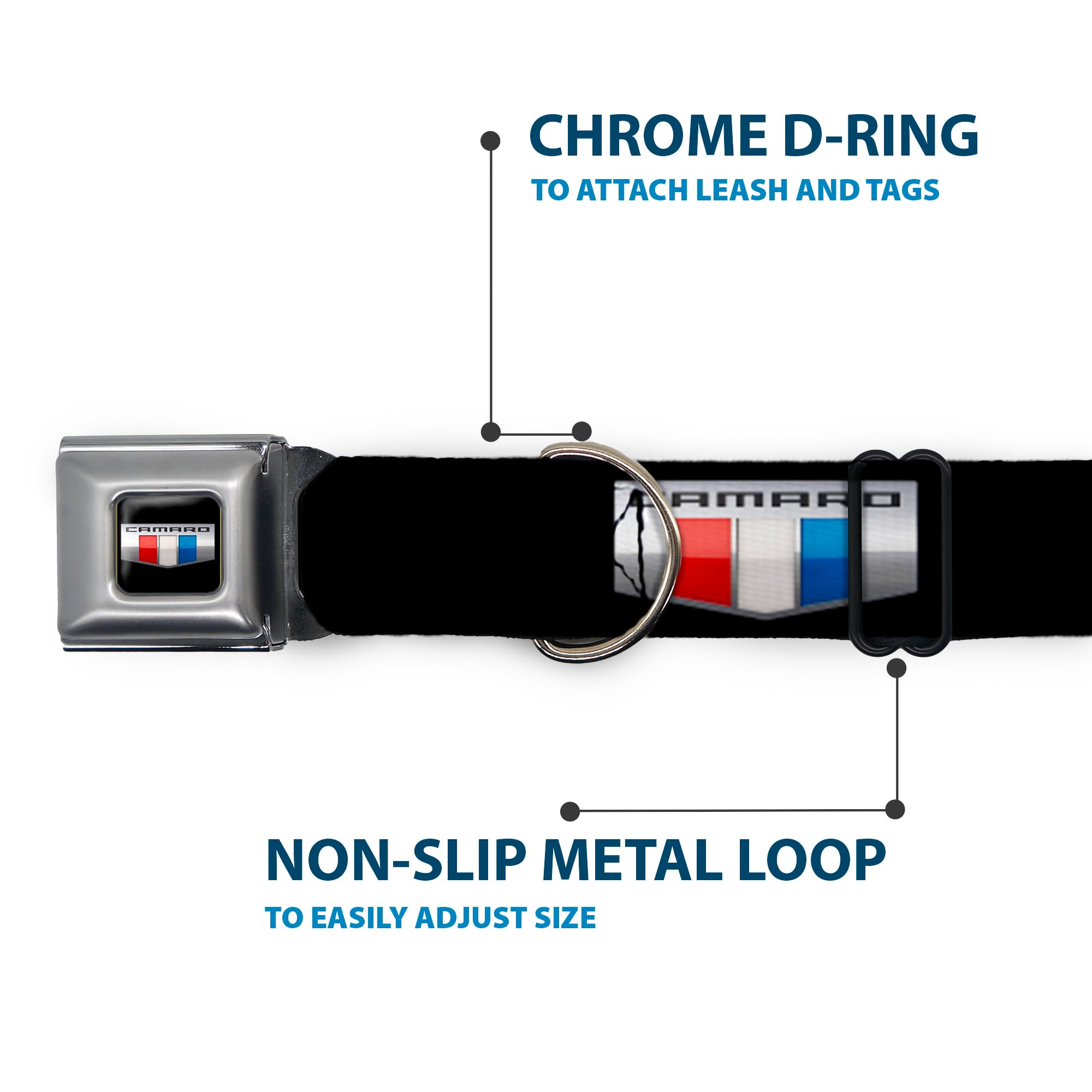 Dog Collar Seatbelt Buckle Camaro Six Badge Black Silver Red White Blue 13 To 18 Inches 1.5 Inch Wide