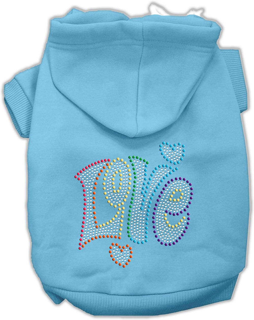 Pet, Dog & Cat Hoodie Rhinestone, 'Technicolor Love' Baby Blue Xs (0-3 Lbs.)