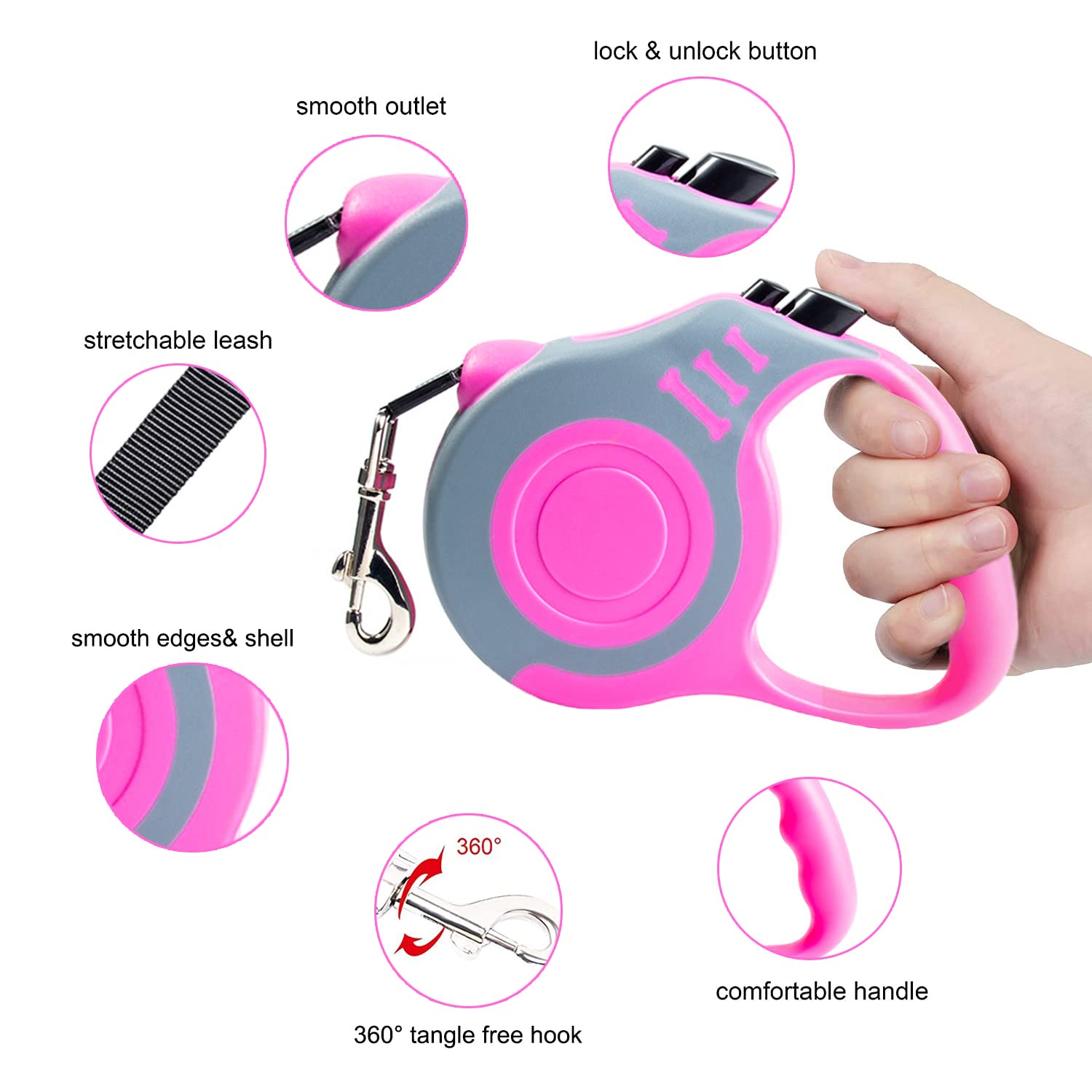 Retractable Dog Leash Lightweight 10/16FT Leash with Non-Slip Handle, for Small Medium Dogs (Gray Pink, 16 FT)