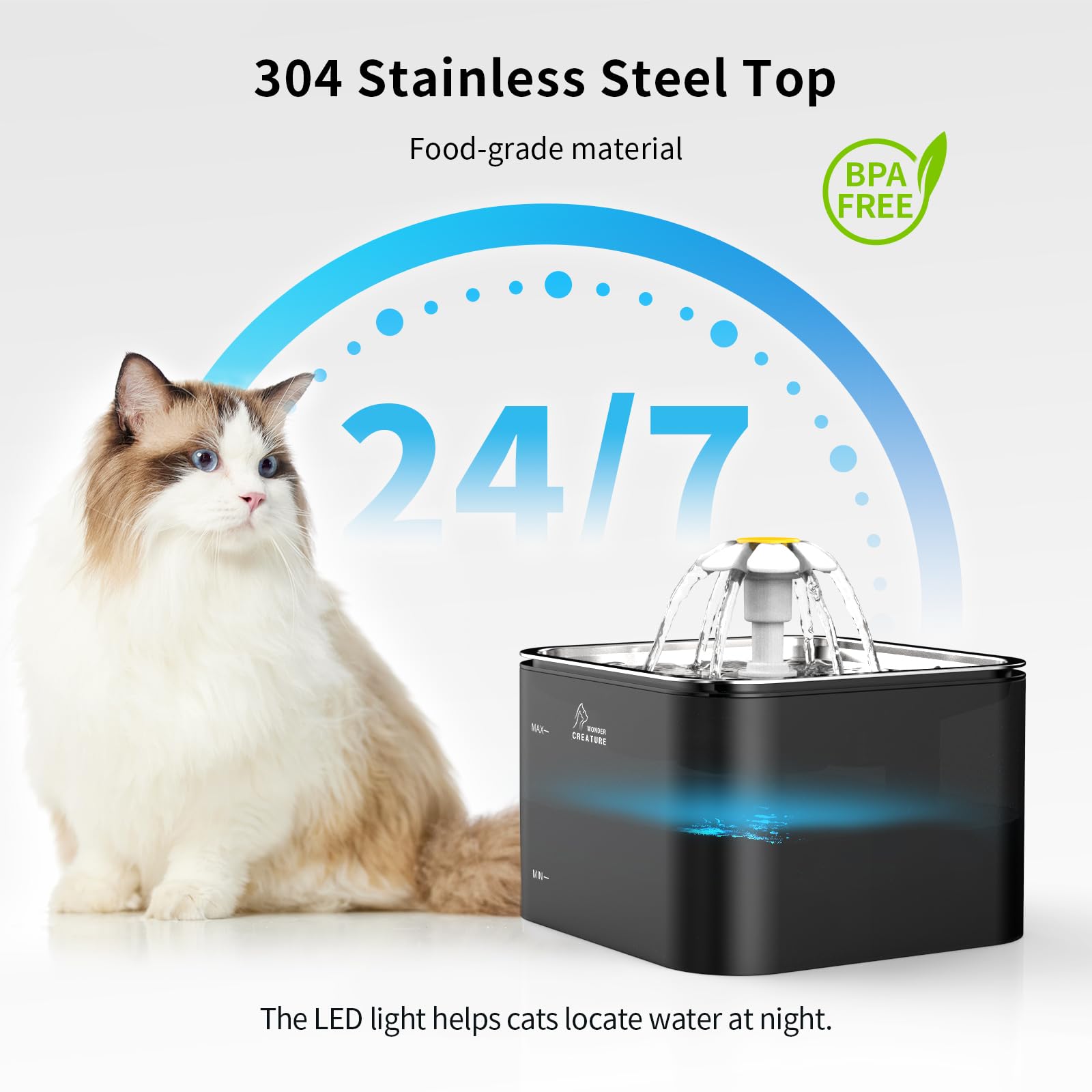 Crystal Cat Water Fountain Stainless Steel With 4 Filters And 4 Sponges, 101Oz/3L Pet Fountain With Led Light For Cats And Dogs