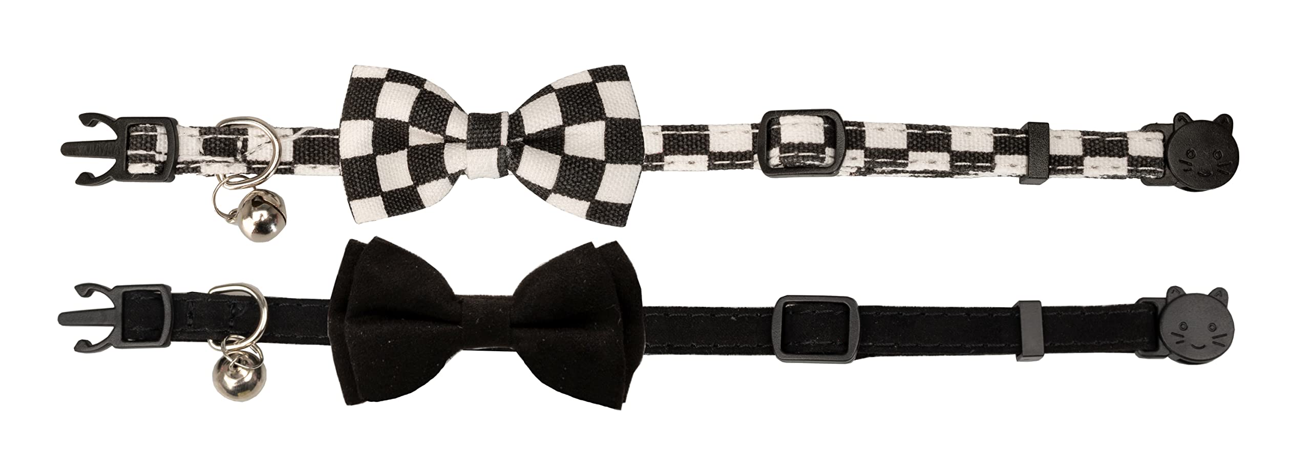 Gyapet Collar For Cats Pets Breakaway With Bell Bowtie Floral Bow Detachable Adjustable Safety Puppy 2Pcs Plaid & Solid-Black