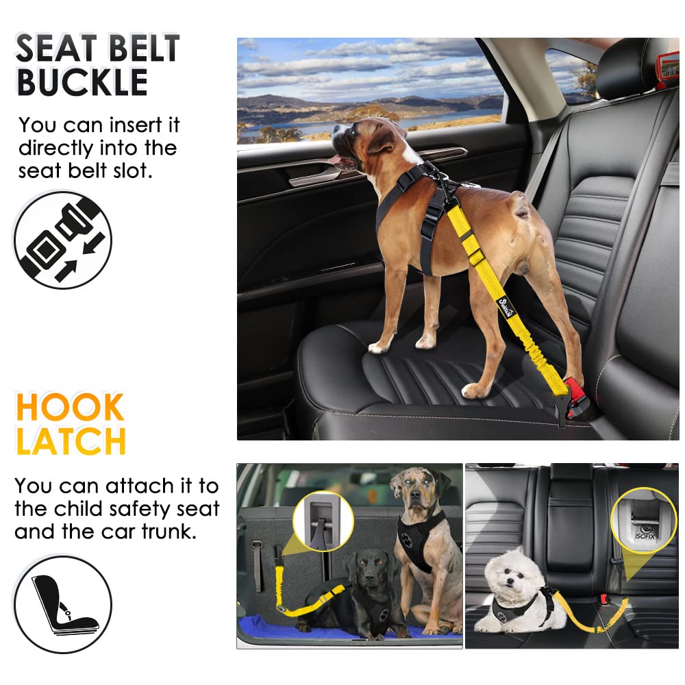 Slowton Dog Harness, Adjustable Dog Seatbelt, 2 In 1 Latch Bar Attachment, Reflective Nylon Belt Tether, Yellow, 27.55In