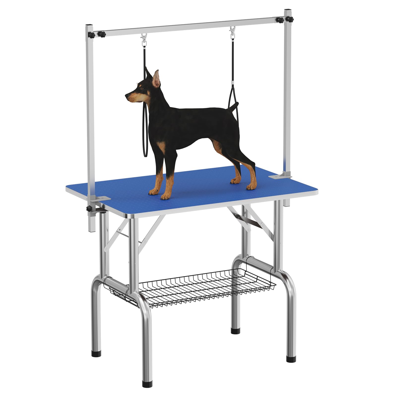 36 Professional Dog Pet Grooming Table Heavy Duty Adjustable with Overhead Arm, Two Grooming Noose Mesh Tray Blue