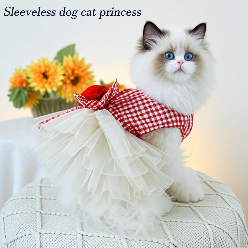 Anelekor Plaid Small Dog Dress With Leash Ring Valentines Cat Outfit Dog Tutu Princess Holiday Puppy Clothes With Bow Knot And H