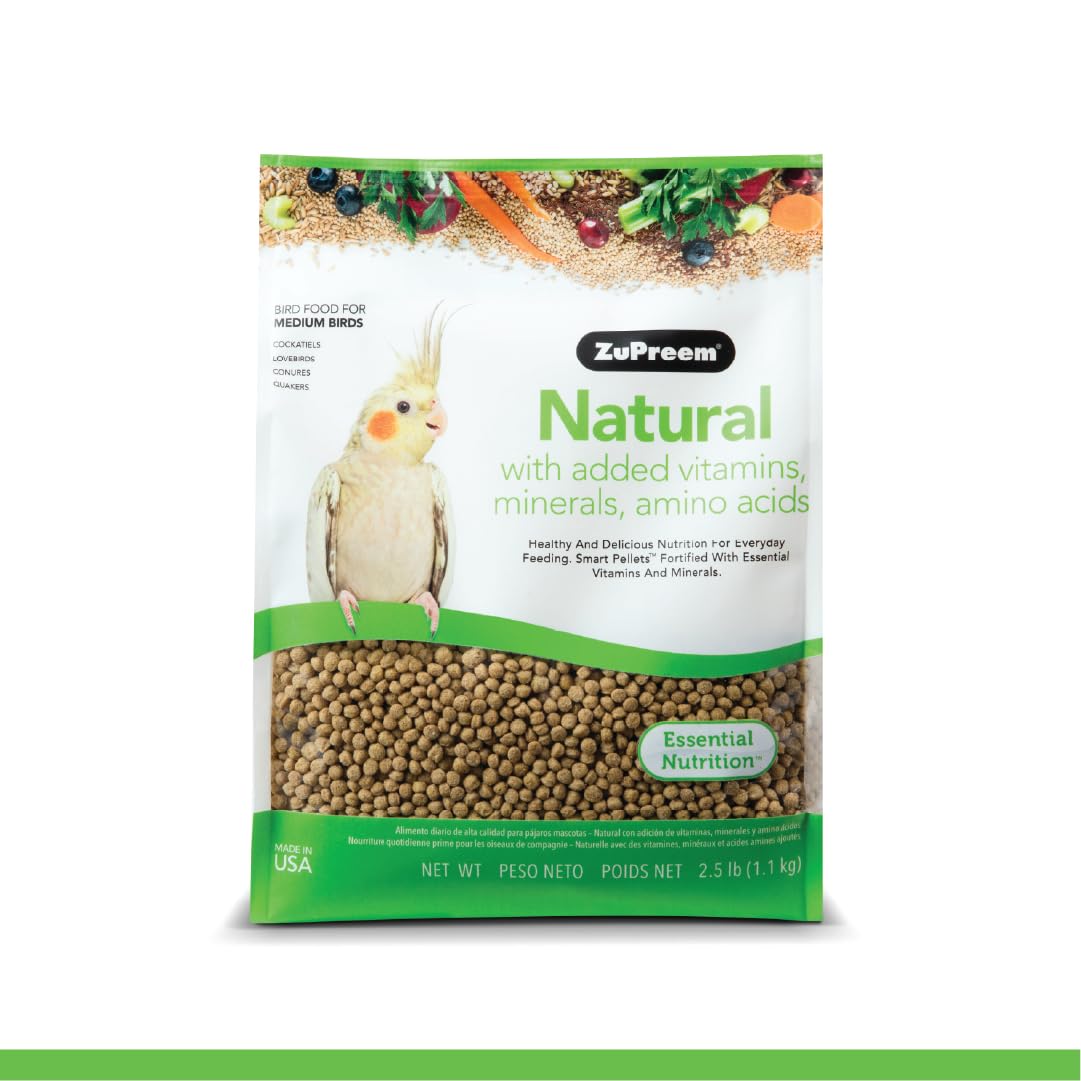 Zupreem Natural Bird Pellets, Daily Bird Food For Cockatiel, Lovebird, Quaker, Small Conure, Lorikeet, Core Nutrition For Medium Birds, Added Vitamins, Cockatiel Pellets (M, 2.5 Lb)