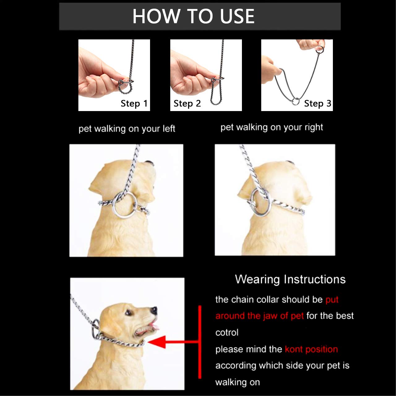 Mogoko Stainless Steel Dog Choke Chain Collar, Puppy Metal Snake Chain Pet Show Slip Collar Choker For Training Walking (Black;16.0'*3.0Mm)