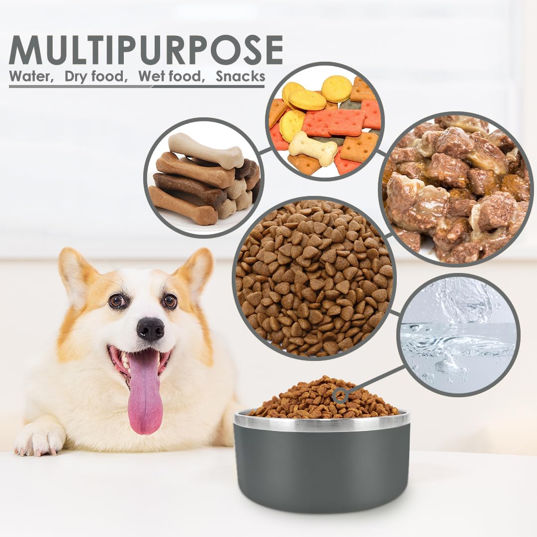 IKITCHEN Dog Bowl for Food and Water, 40 Oz Stainless Steel Pet Feeding Bowl, Durable Non-Skid Insulated Heavy Duty with Rubber