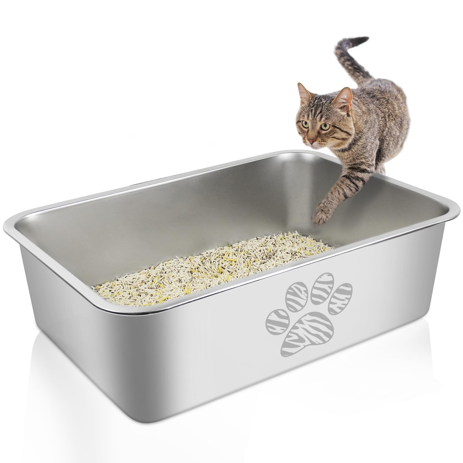 Pwtaa Stainless Steel Cat Litter Box High Side Cats Toilet Metal Kitten Litter Pan, Pet Cleaning Tool For Cats, Rabbits, Splash-