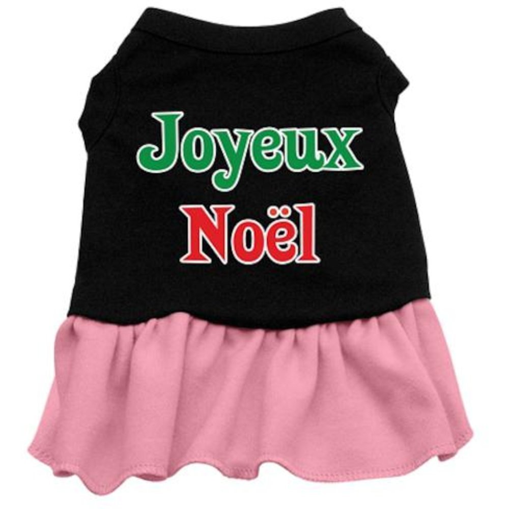 Christmas Pet Dog & Cat Dress Screen Printed, Joyeux Noel Black W/Light Pink XS (0-3 lbs.)