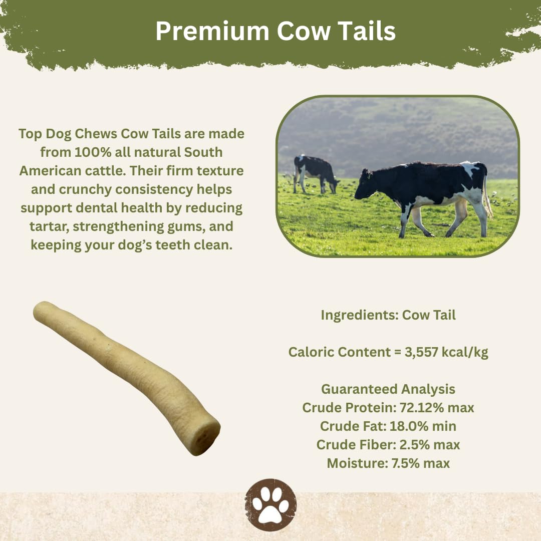 Top Dog Chews - Cow Tails (25 Pack), High-Protein Dog Treats, 100% Naturally Sourced Dog Chew from Free Range Grass-Fed Cattle,