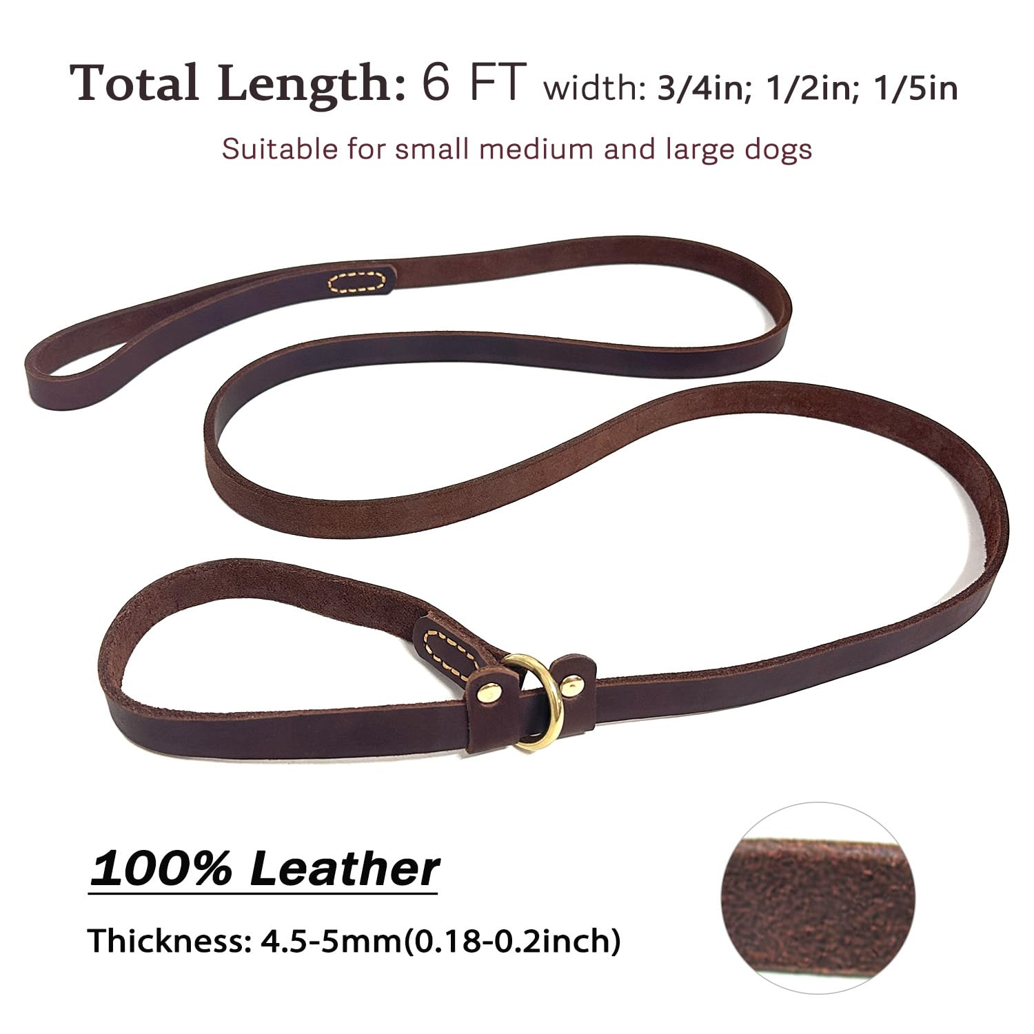 Guiding Star Brown Leather Slip Lead - Heavy Duty Dog Training Leash For Small Medium Dogs, (6 Ft*1/2In)