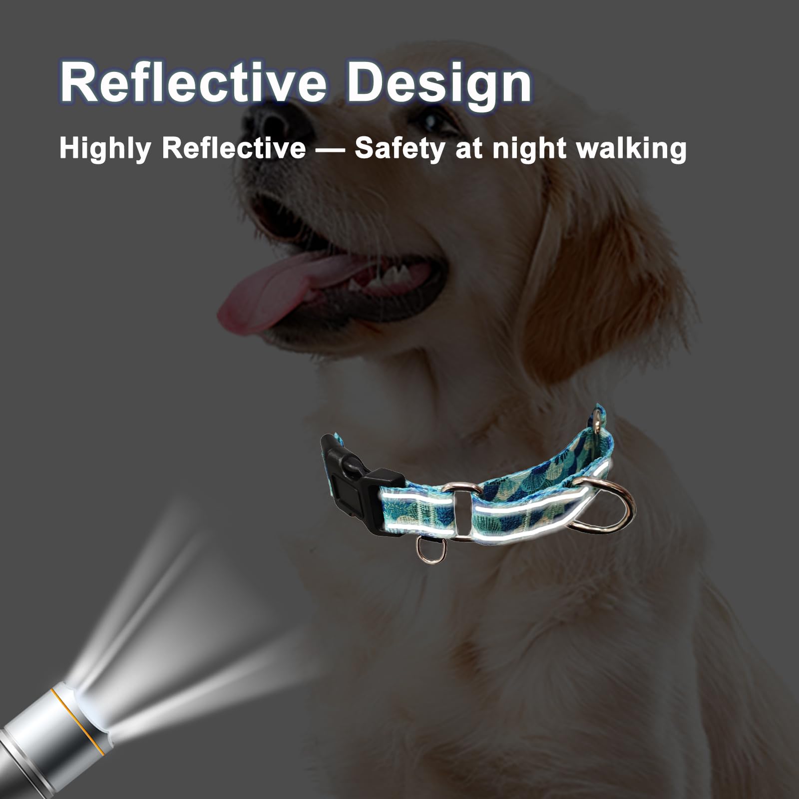 Fidohug Reflective Martingale Collar With Buckle Adjustable Nylon Training Pet Collars For Medium Dogs (Turquoise Shell, M)