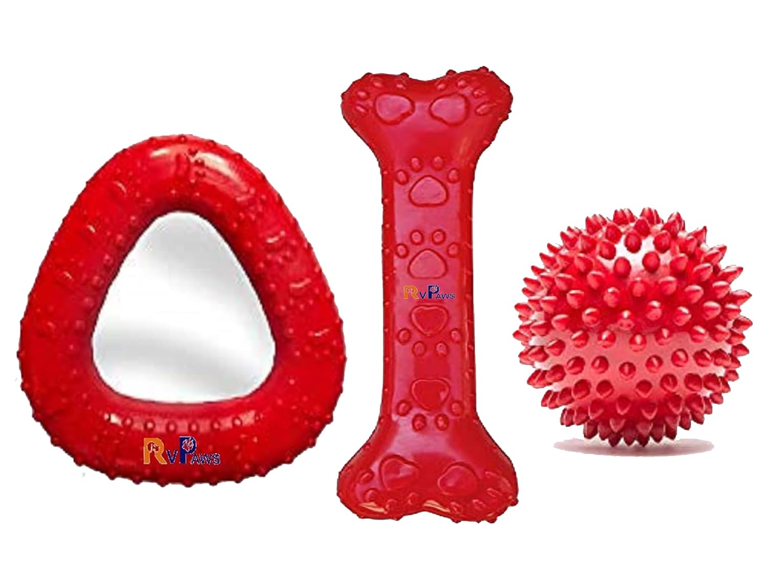 RvPaws Rubber Super bite Chew Dog Toy Combo (Spike Ball + Triangle + Bone)