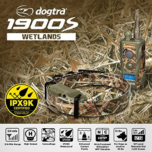 Dogtra 1900S Wetlands Camo Remote Training Collar - 3/4 Mile Range, Ipx9K Waterproof, Rechargeable, 127 Training Levels, Vibration - Includes Petstek Dog Training Clicker
