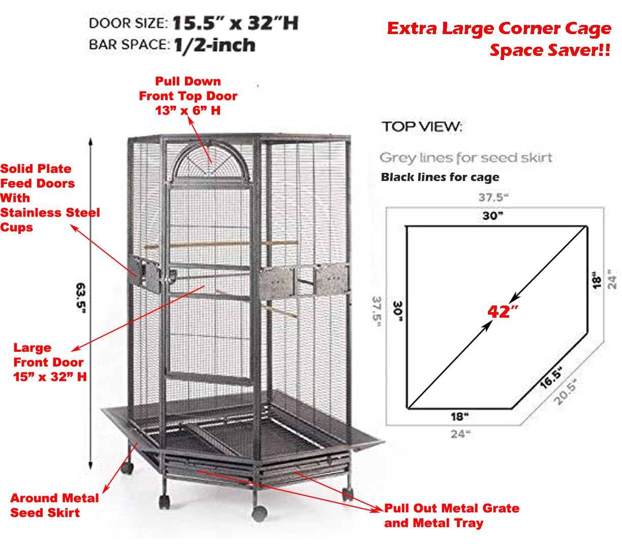Mcage 64 Extra Large BlackVein Corner Flight Bird Cage for Parrots, Cockatiels & Budgies with Metal Seed Skirts & 1/2-Inch Bar Spacing