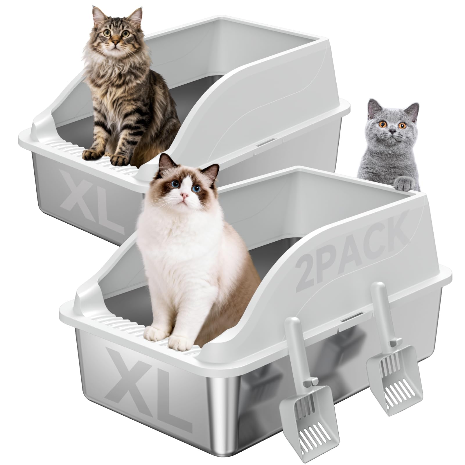 2PACK Stainless Steel Litter Box, Extra Large XL Odor Free Metal Litter Box with High Sides, Open Top Litter Pan Include Scoop E
