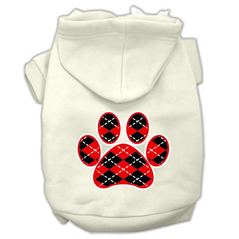 Pet Dog & Cat Hoodie Screen Printed, Red Argyle Paw Cream XL (14-20 lbs.)