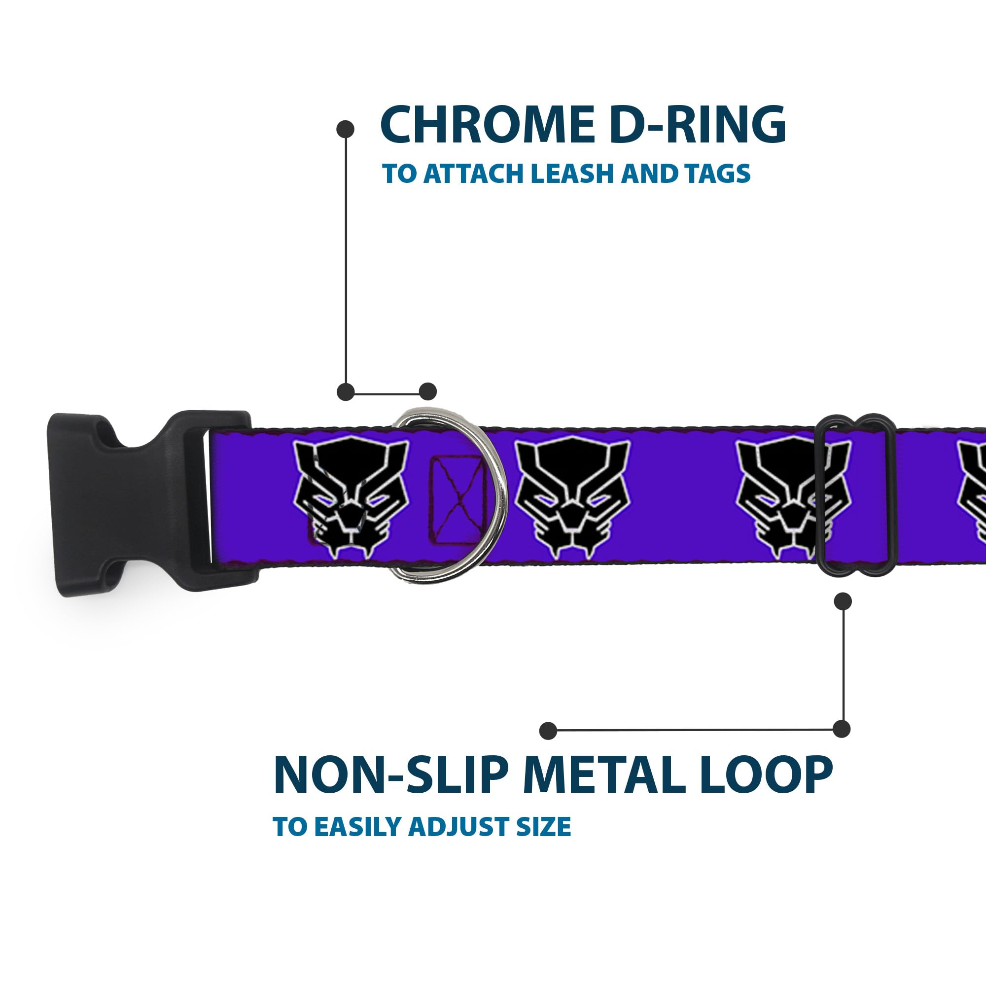 Dog Collar Plastic Clip Black Panther Avengers Icon Purple White Black 13 To 18 Inches 1.5 Inch Wide