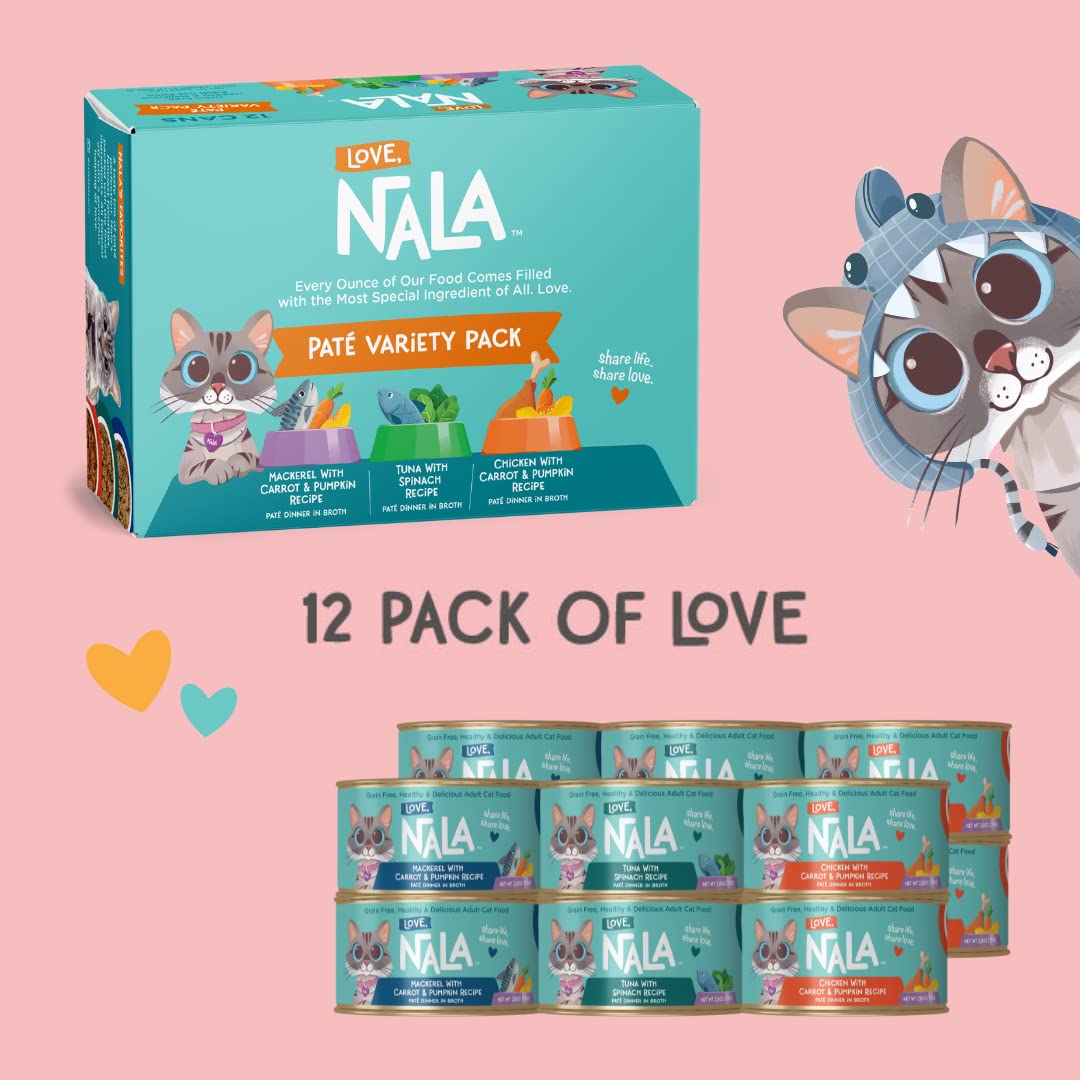 LOVE, NALA - Natural Adult Cat Wet Food - Pate Variety Pack - Tuna, Chicken, Mackerel - Grain Free, Non-GMO, Fiber Blend, Minera