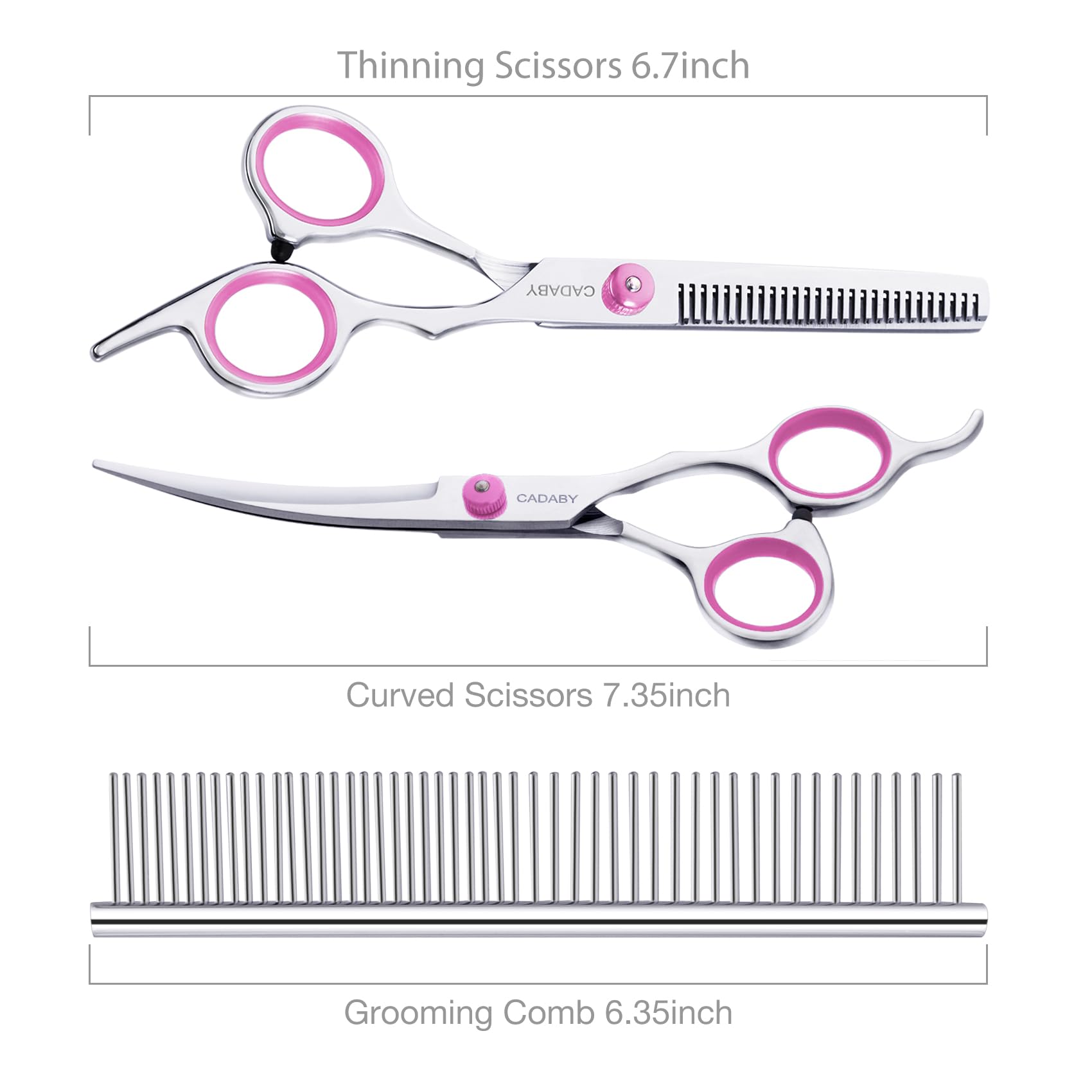 CADABY Pink Dog Grooming Scissors with Safety Tip, 3 in 1 Dog Grooming Scissors Kit, Professional Stainless Steel Pet Grooming S