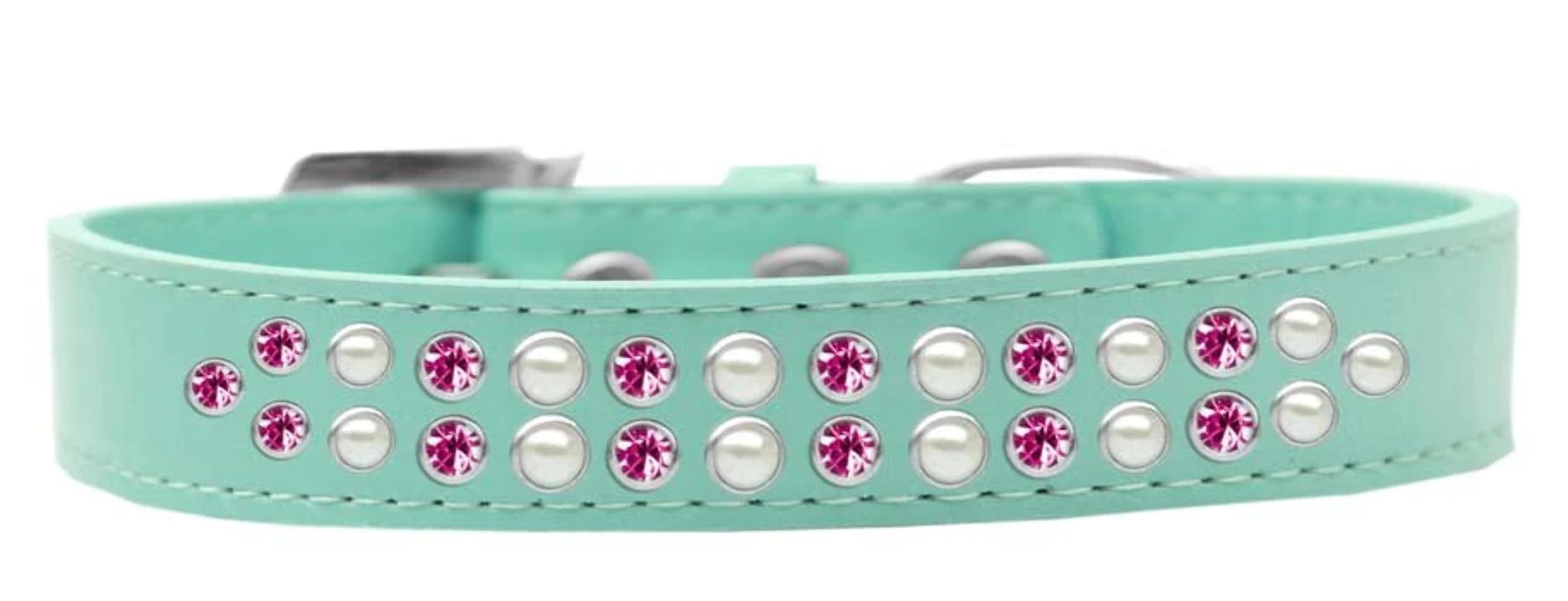 Dog, Puppy & Pet Fashion Collar, &quot;Two Row Pearl And Pink Crystal Rimsets&quot; Aqua 20
