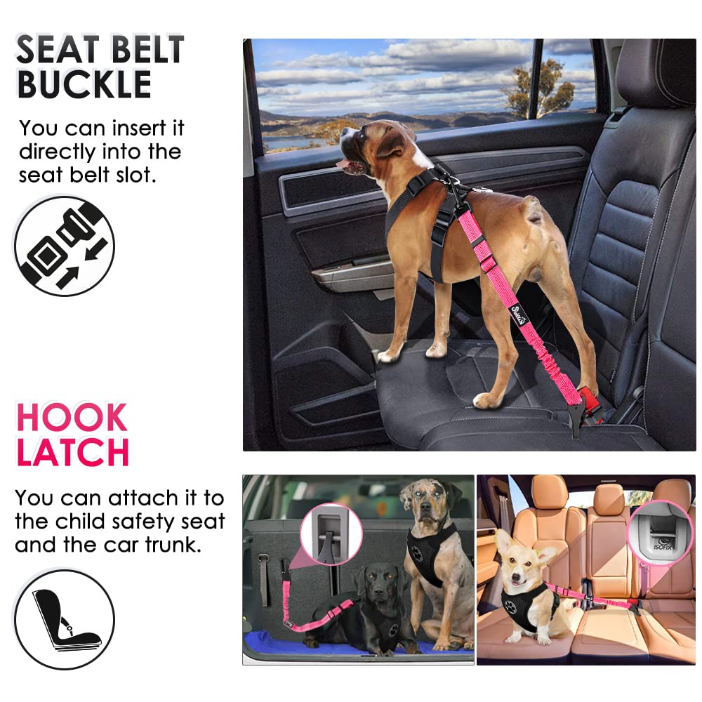 Slowton 2 Pack Dog Seat Belt, 2 In 1 Attachment, Hook Latch Bar Or Seatbelt Buckle With Elastic Nylon Bungee Buffer Adjustable Reflective Nylon Safety Belt Tether Connect To Dog Harness (2Pack-Fl)