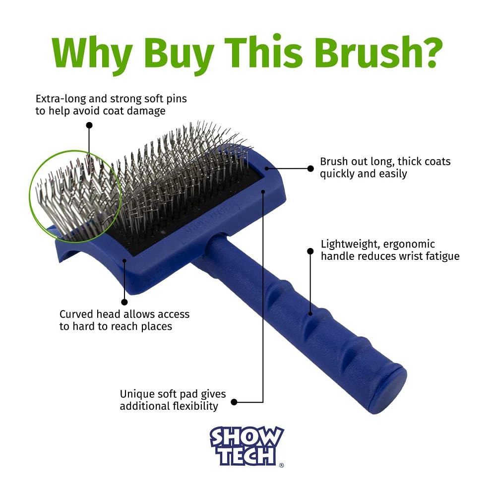 Show Tech Tuffer Than Tangles Slicker Brush For Dog Grooming With Long, Firm Pins, Medium Size, Perfect For Doodle Breeds, Angled Pins For Dematting, Remove Undercoat, Comfort Grip Handle