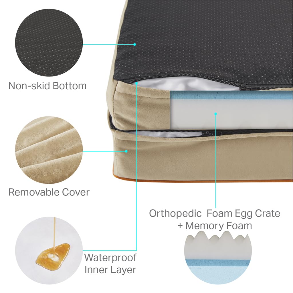 Friends Forever Orthopedic Dog Bed for Large Dogs, Waterproof Memory Foam Dog Sofa Bed L with Removable Washable Cover, Ally Kha