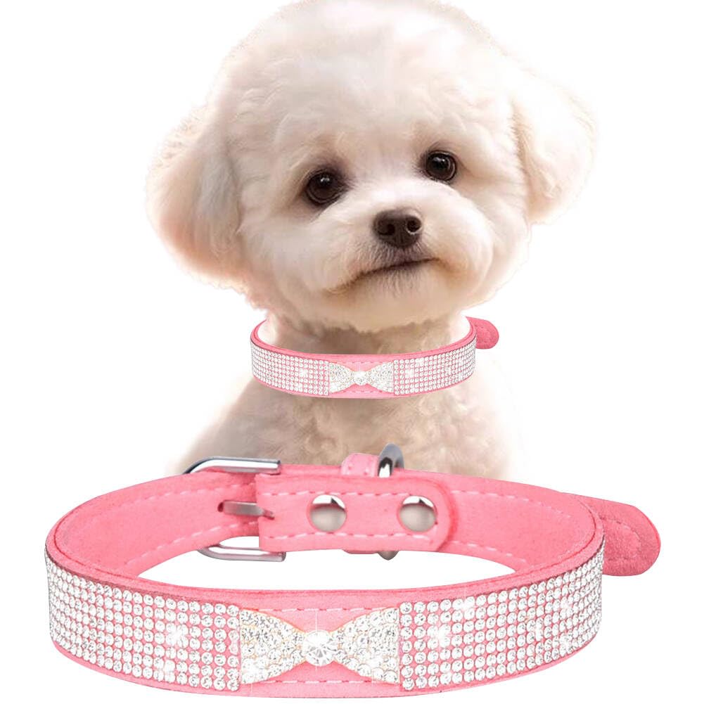 Pink Rhinestone Dog Collars For Small Dogs, Pretty Bow Crystal Bling Cat Collars Glitter Jeweled Sparkly Diamond Girl Puppy Coll