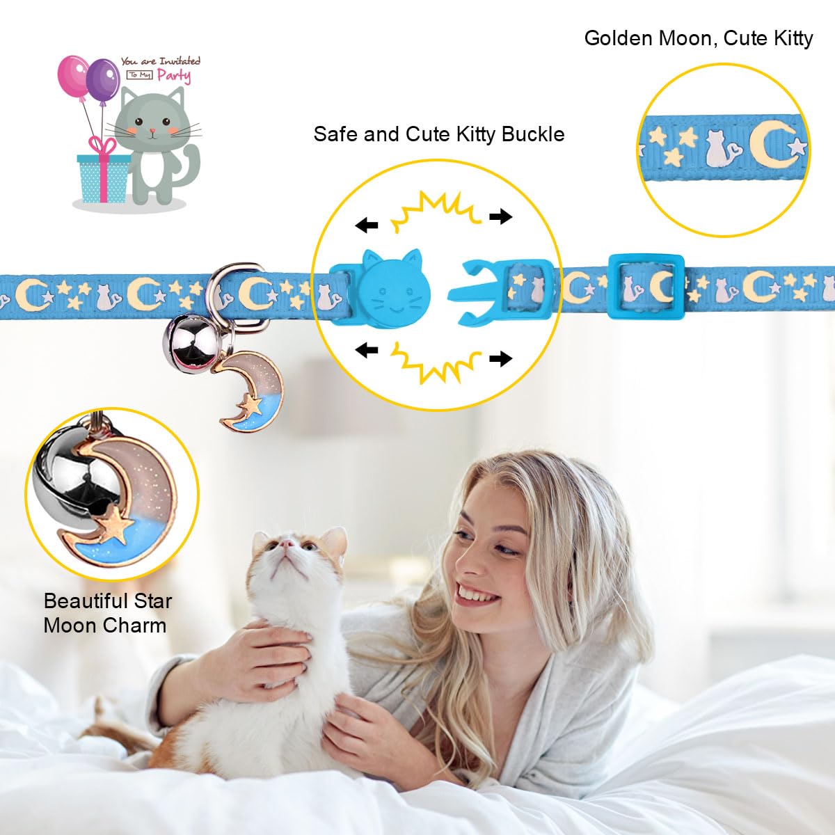 2Pcs Breakaway Cat Collars With Bell Cute Kitty Glow In The Dark Adjustable Kitten Collars With Pendant(Black&Sky Blue)