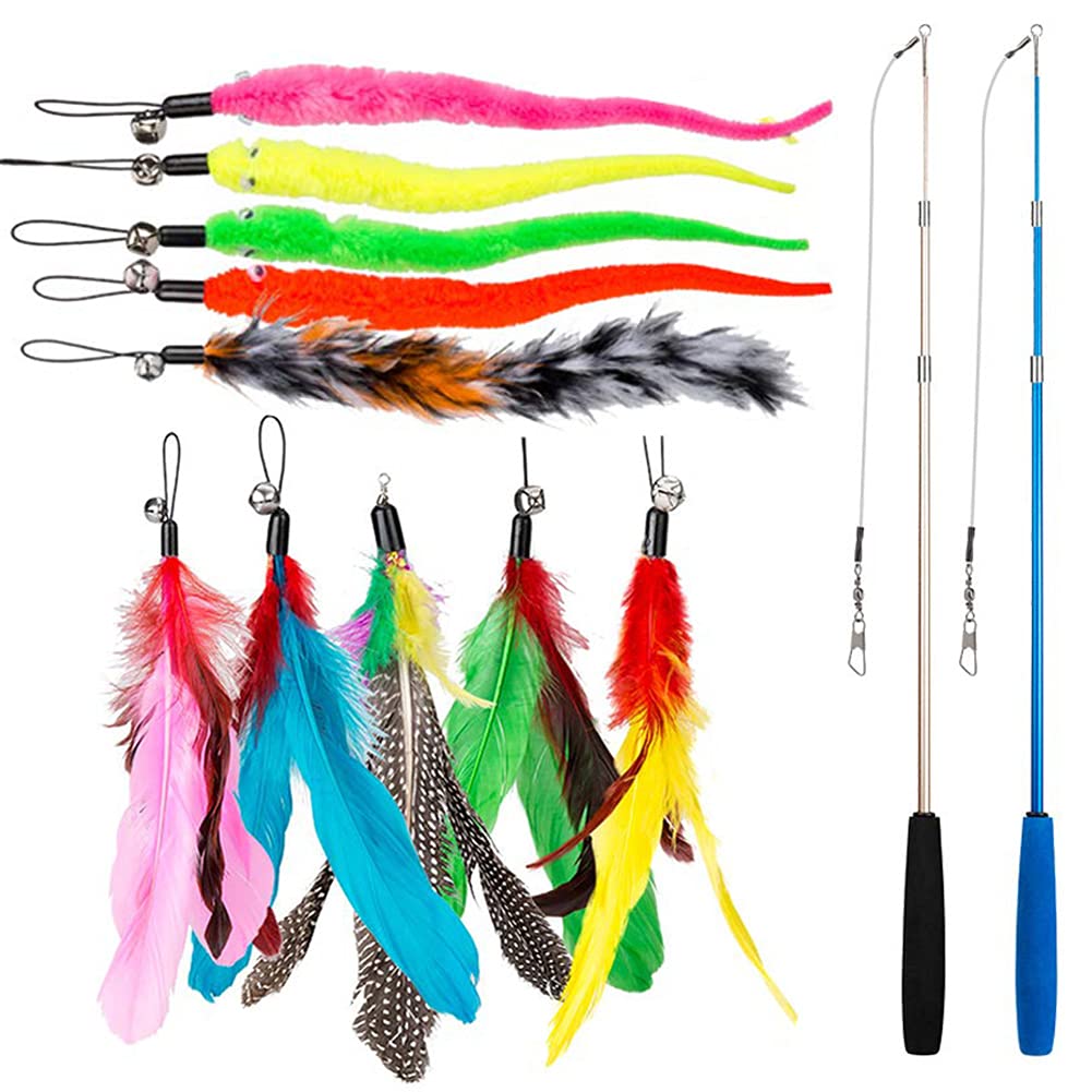 12 Pcs Feather Teaser Cat Toy, 2 Pcs Retractable Interactive Cat Teaser Rods, 10 Pcs Replacement Colorful Feather Refills With B