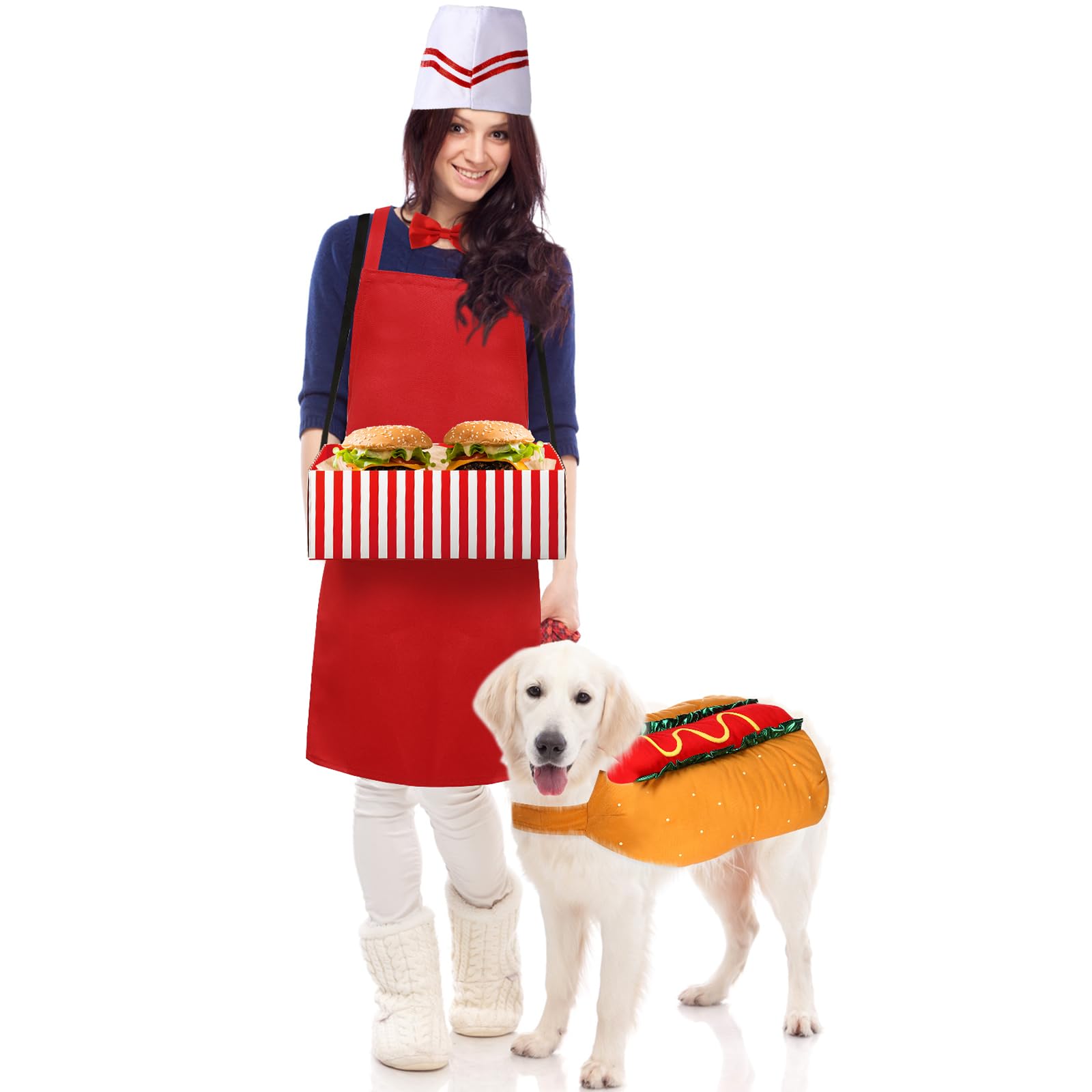 Vinsatin 5 Pcs Adult Waiter Costume with Hot Dog Pet Costume, Soda Jerk Popcorn 50s Circus Halloween Party Cosplay(Red,Medium)