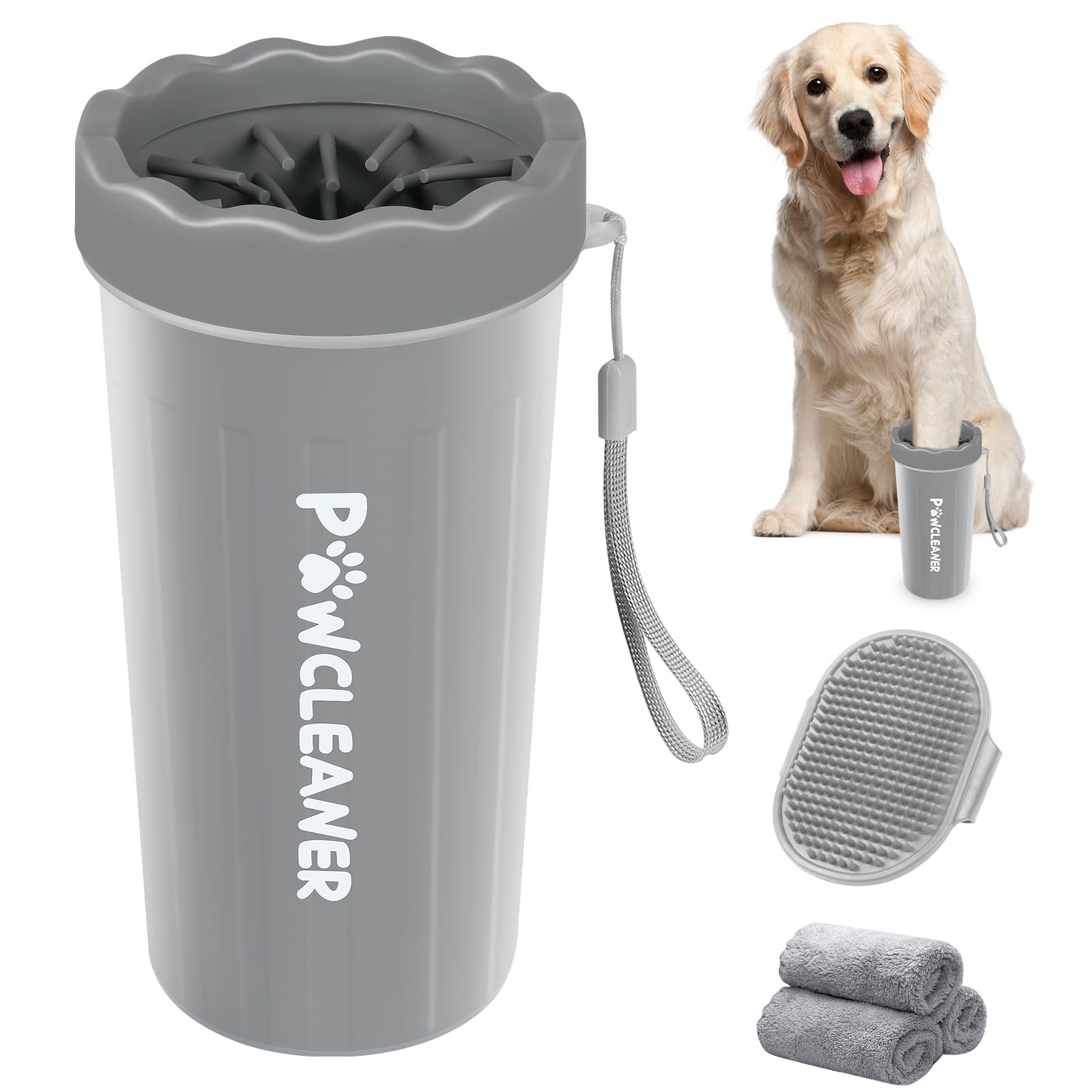 Comotech Dog Paw Washer With Bath Brush - Large, Grey (With 3 Absorbent Towels, Adjustable Handle For Long & Short Haired Dogs)