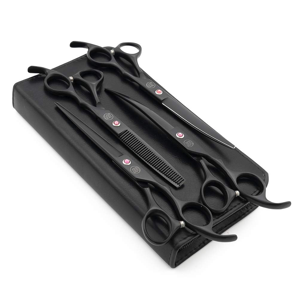 Moontay Professional 7.0' Dog Grooming Scissors Set, 4-Pieces Straight, Upward Curved, Downward Curved, Thinning/Blending Shears For Dog, Cat And Pets, Jp Stainless Steel, Black