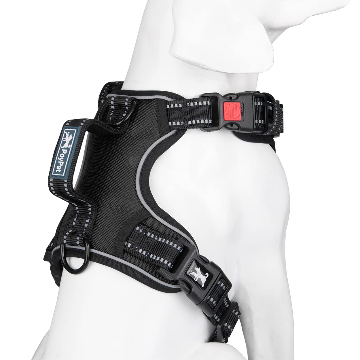 Poypet No Pull Dog Harness, No Choke Front Clip Reflective Dog Vest With Soft Padded Vertical Handle, 3 Leash Attachments For Small Medium Large Dogs (Black,M)