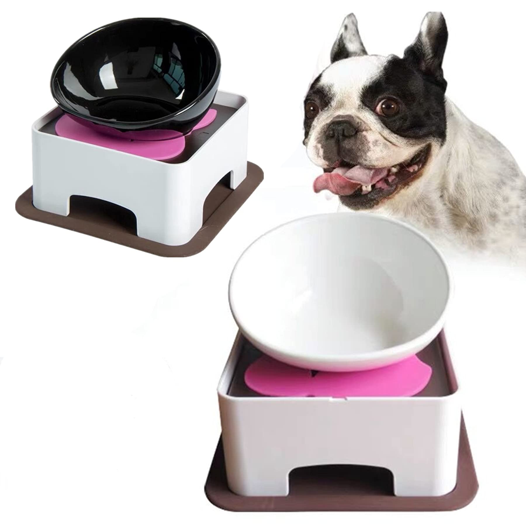 Bulldog Bowl Anti-Slip Dog Cat Dish Detachable Rubber Dog Bowl Pet Sterile Tilted Pet Feeder Slope Base (White(Ceramic Bowl), 1.