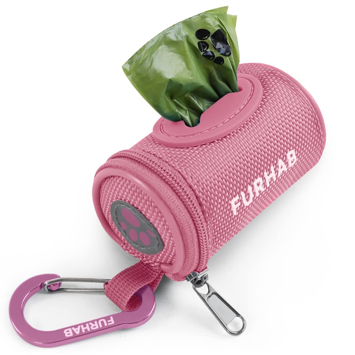 Furhab Dog Poop Bag Holder For Leash Doggie Waste Bag Dispenser Soft Fabric Puppy Potty Carrier Small Doggy Zipper Pouch With Carabiner Clip 1680D Nylon Oxford With 1 Roll Of Pet Trash Bags, Pink